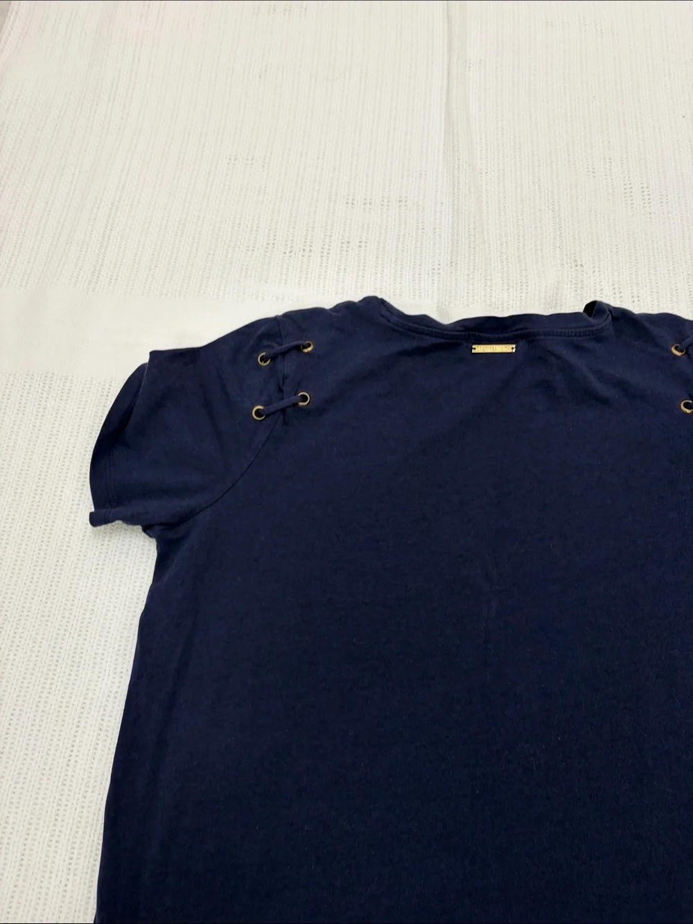 Michael Kors Navy Short-Sleeve Tee with Lace-Up Shoulder Detail